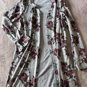 Floral Open-Front Cardigan - Gray with Roses